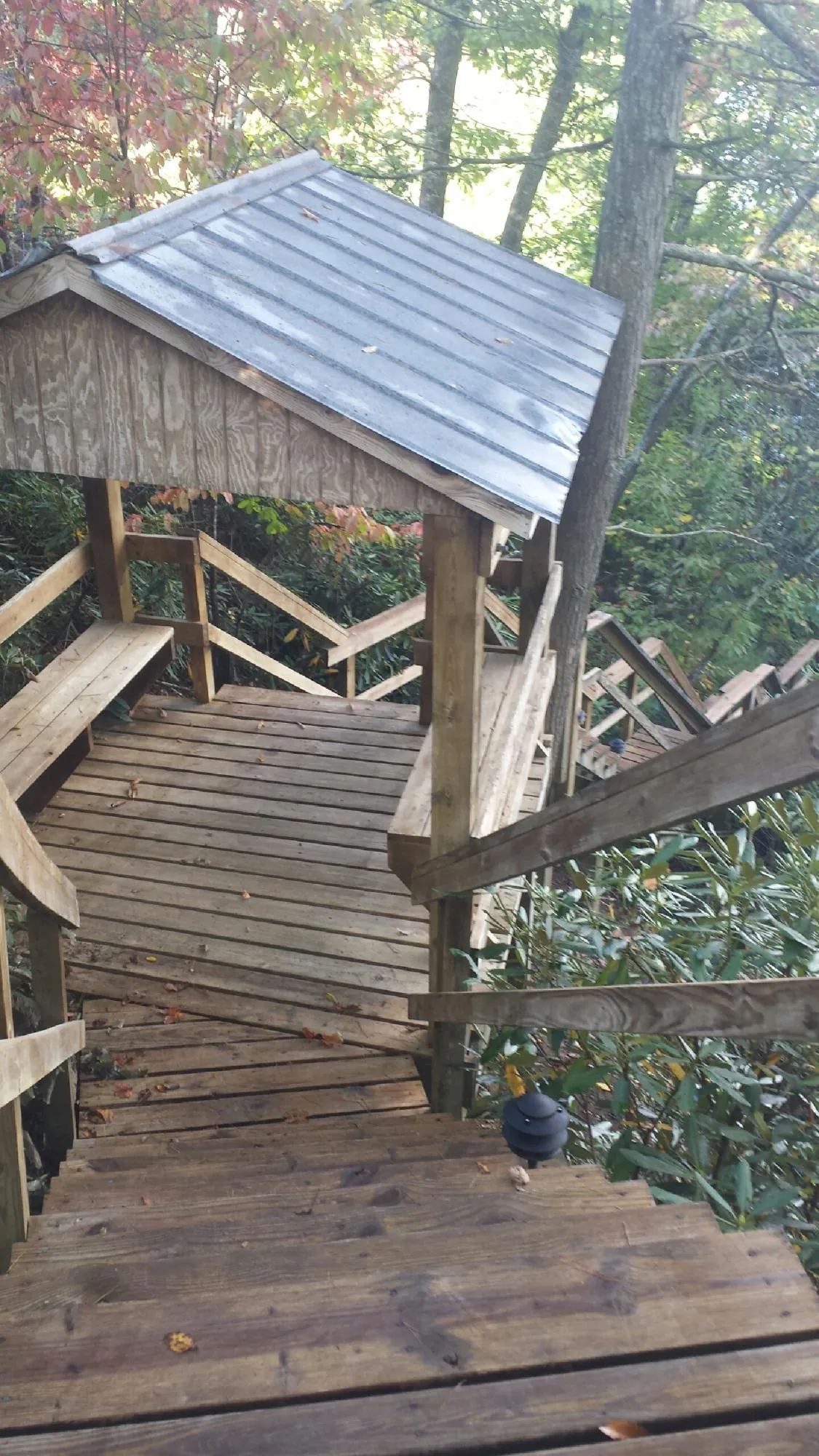 Metal roofed shelter over wooden steps on a wooded walkway — Skylight Repair & Installation work by our crew in Retsof